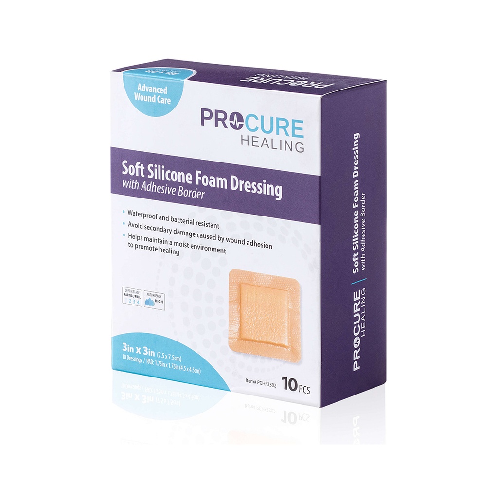 ProCure Soft Silicone Foam Dressing with Adhesive Border, 3"x3"