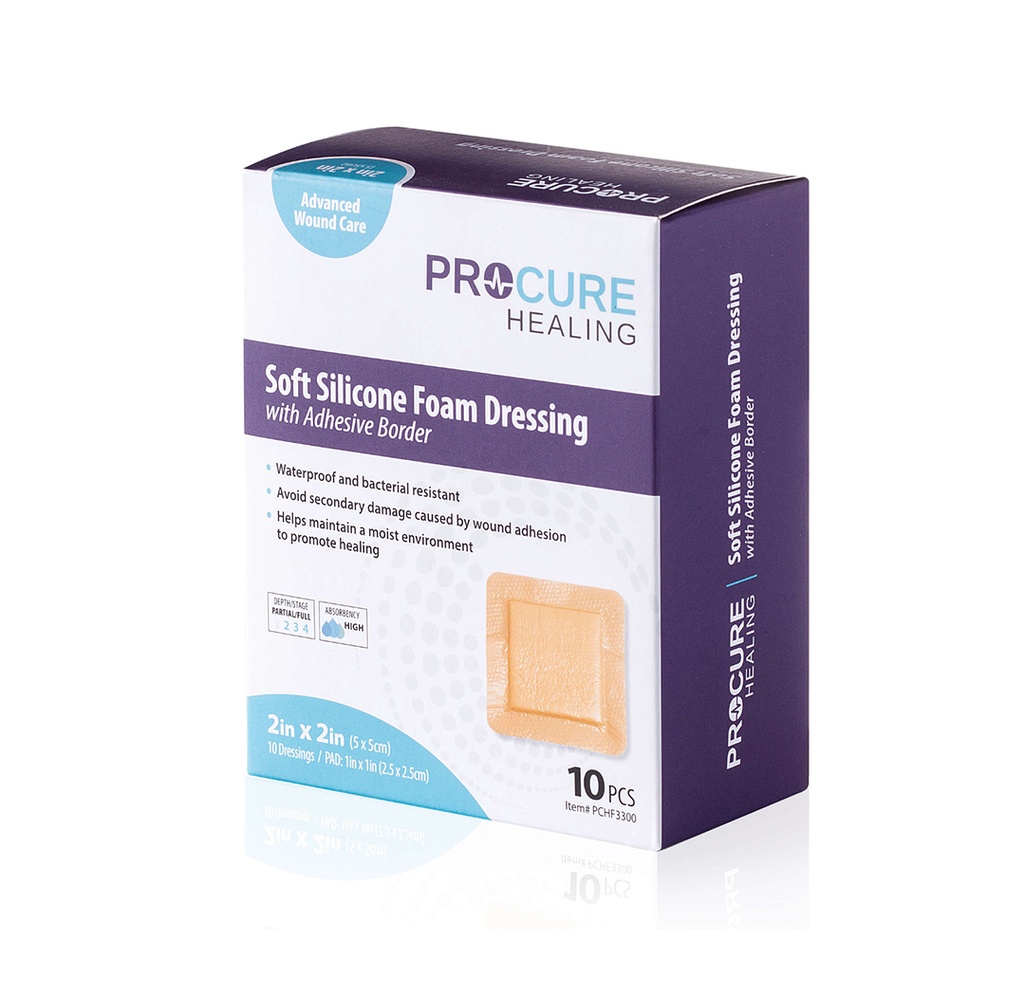 ProCure Soft Silicone Foam Dressing with Adhesive Border, 2"x2"